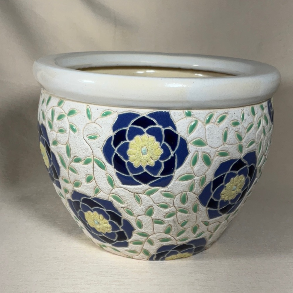 Vintage Chinoiserie Ceramic Planter - Blue & White Floral Hand-Painted Pot